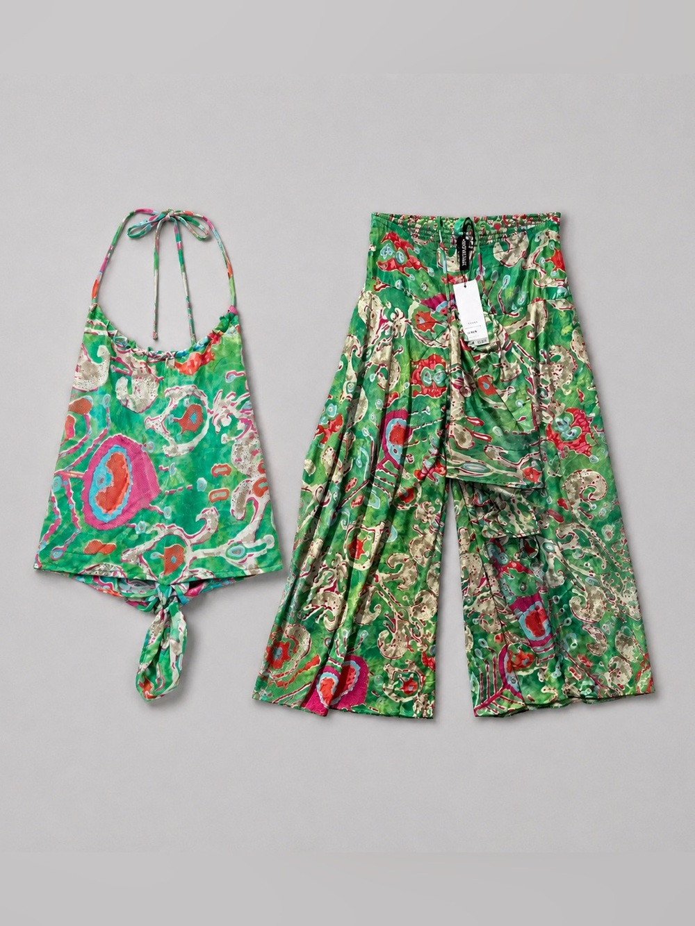 Boho Miami Green Abstract Print Halter Top & Wide Leg Pants Set